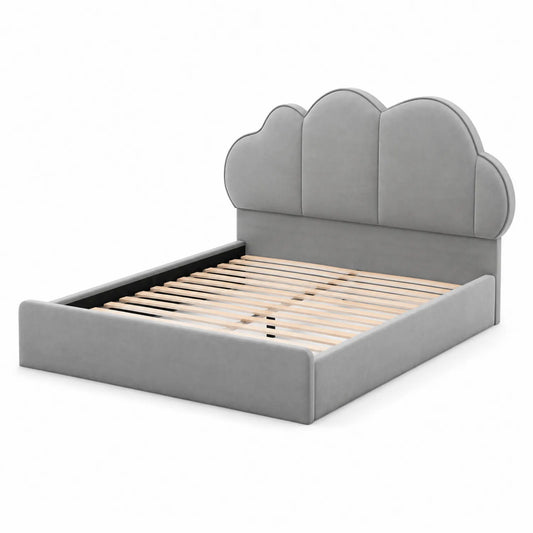 Lit enfant nuage en velours gris avec structure en bois