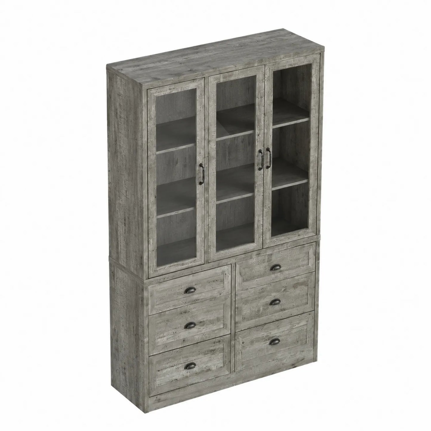 Bibliothèque bois gris avec portes vitrées et tiroirs