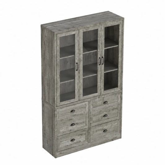 Bibliothèque bois gris avec portes vitrées et tiroirs