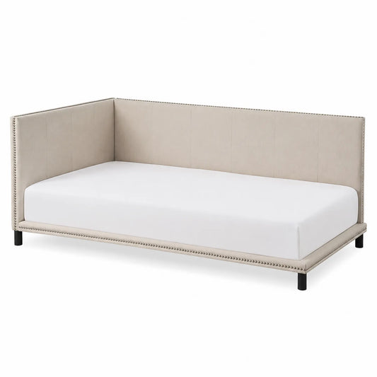 Lit d'angle en polyester beige avec cadre capitonné