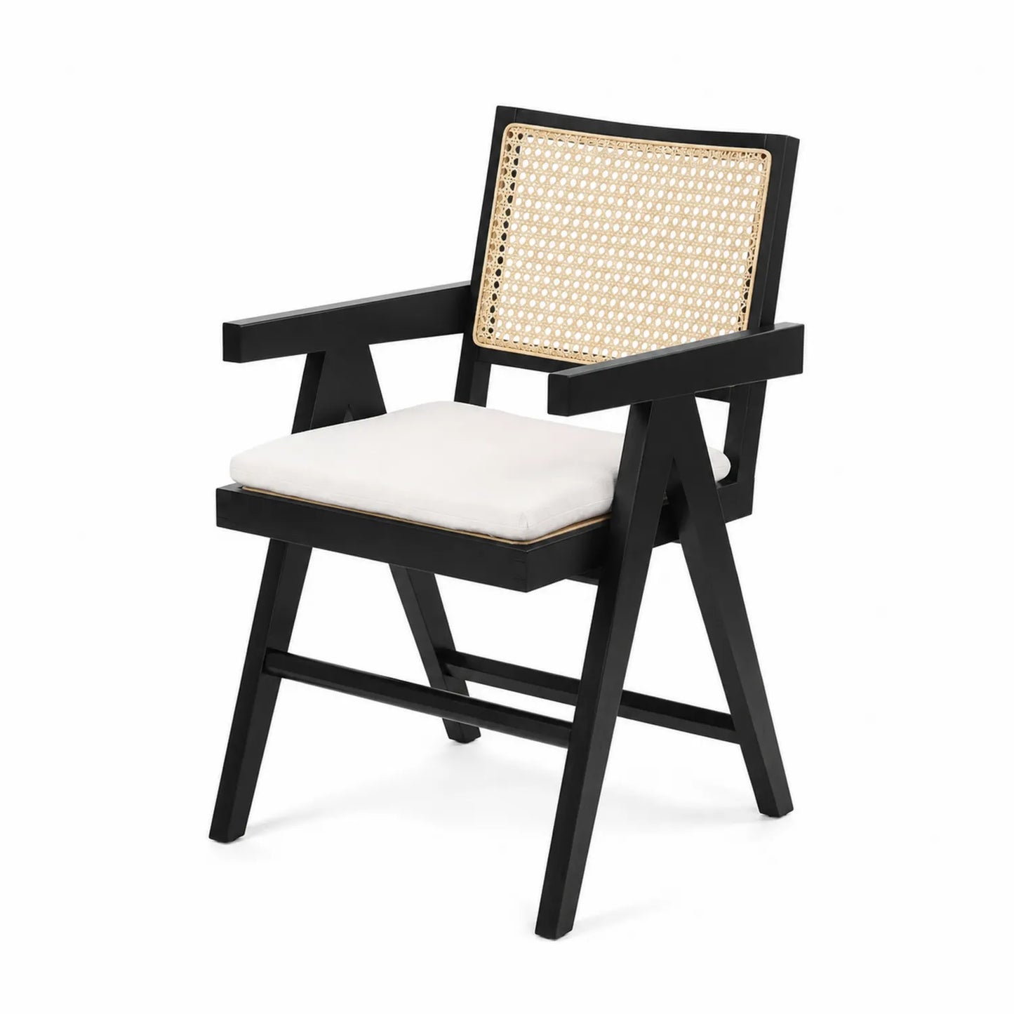 Chaise en bois noir avec dossier en rotin et coussin blanc