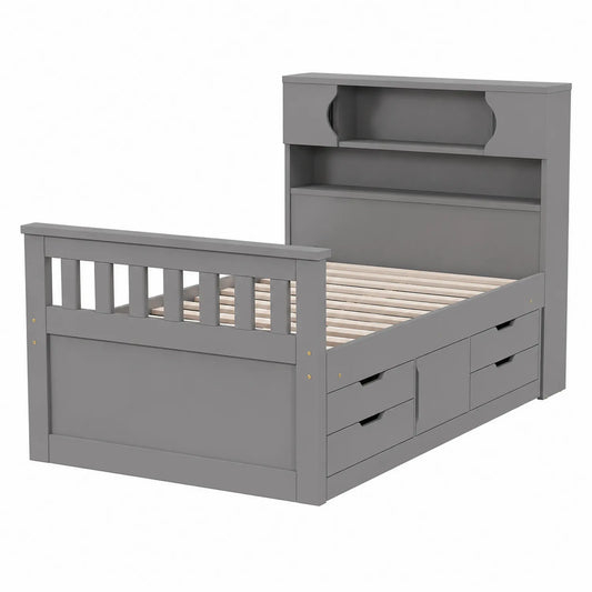 Lit simple en bois avec rangement et tête de lit Gris
