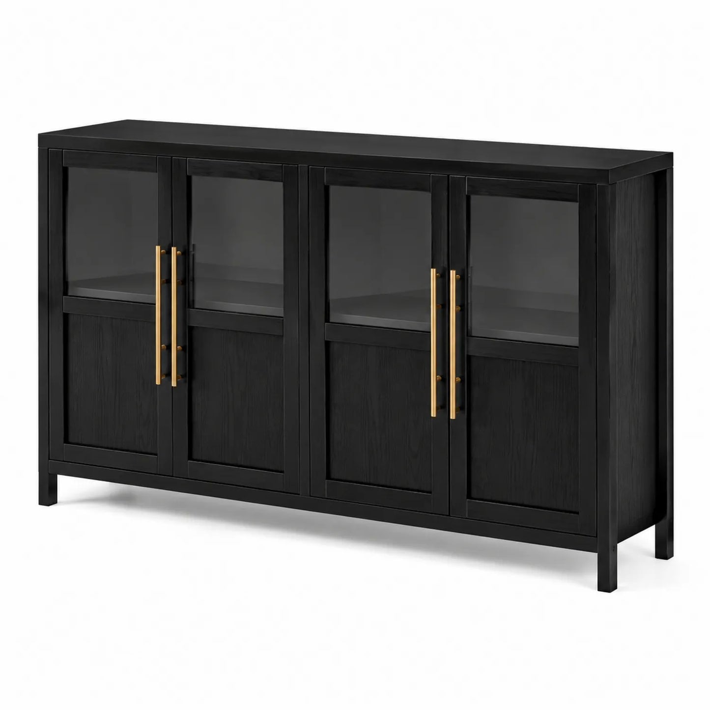Buffet en bois noir avec portes en verre trempé et poignées dorées 160x40x90 cm