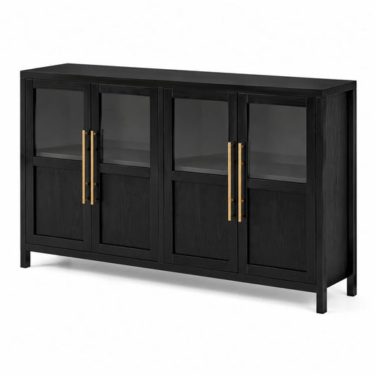 Buffet en bois noir avec portes en verre trempé et poignées dorées 160x40x90 cm