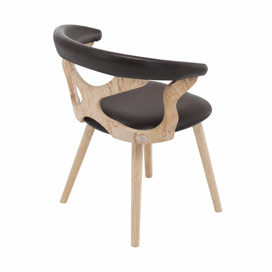 Chaise en bois et similicuir noir avec dossier ouvert