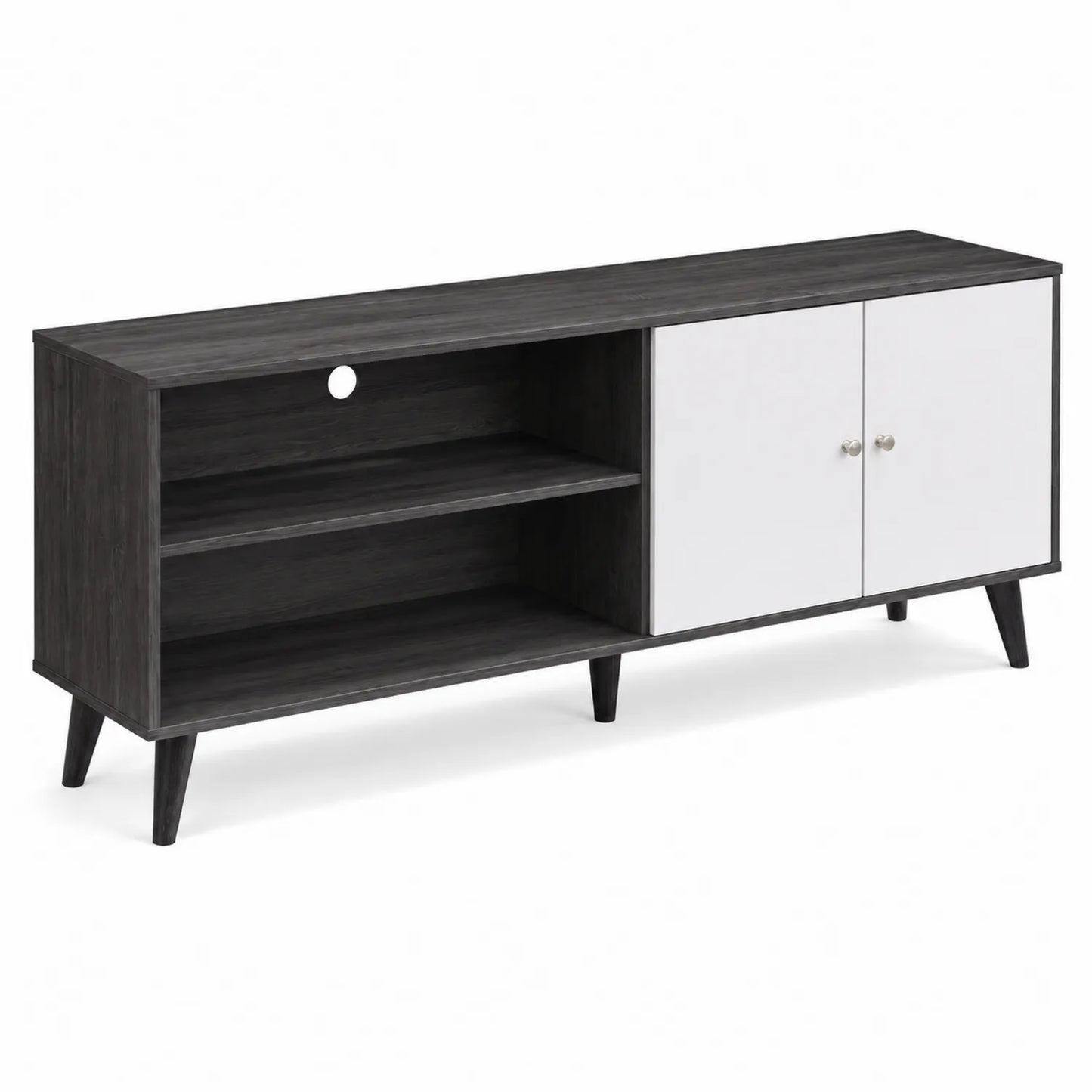 Meuble TV en MDF avec portes blanches et étagères gris/noir