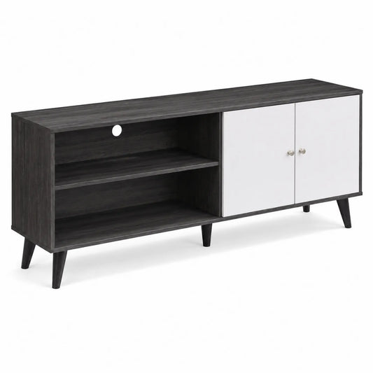 Meuble TV en MDF avec portes blanches et étagères gris/noir